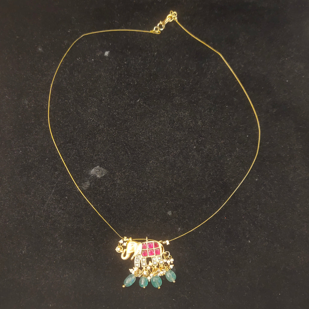 Kundan Elephant Pendant Necklace with Teal Bead Drops – Gold Tone Temple Jewellery