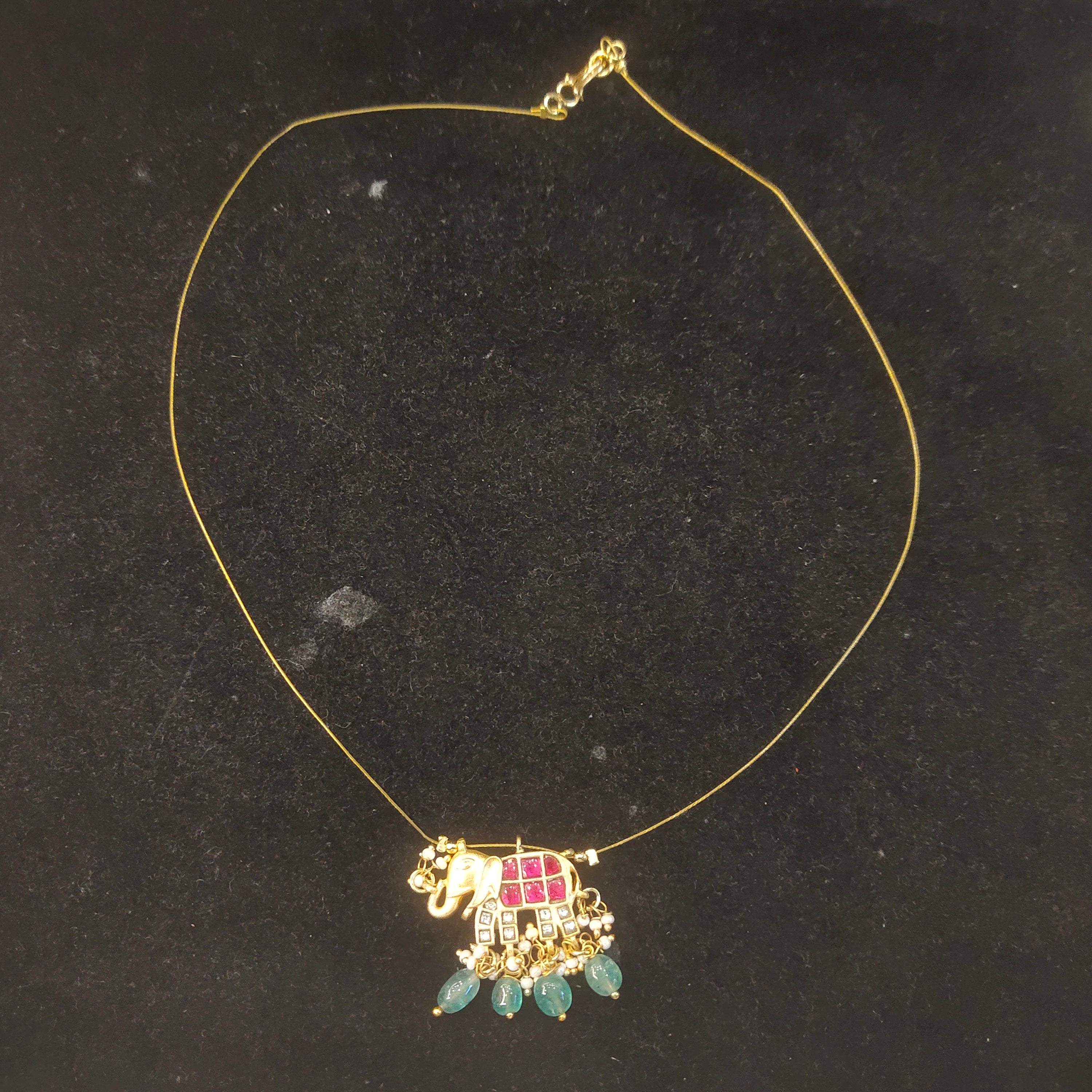 Kundan Elephant Pendant Necklace with Teal Bead Drops – Gold Tone Temple Jewellery