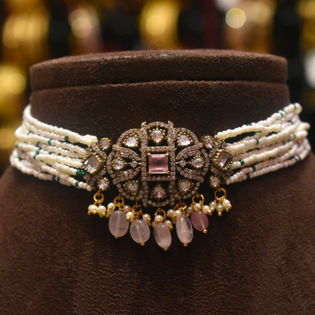 Asp Victorian Diamond Beaded Choker Necklace Set