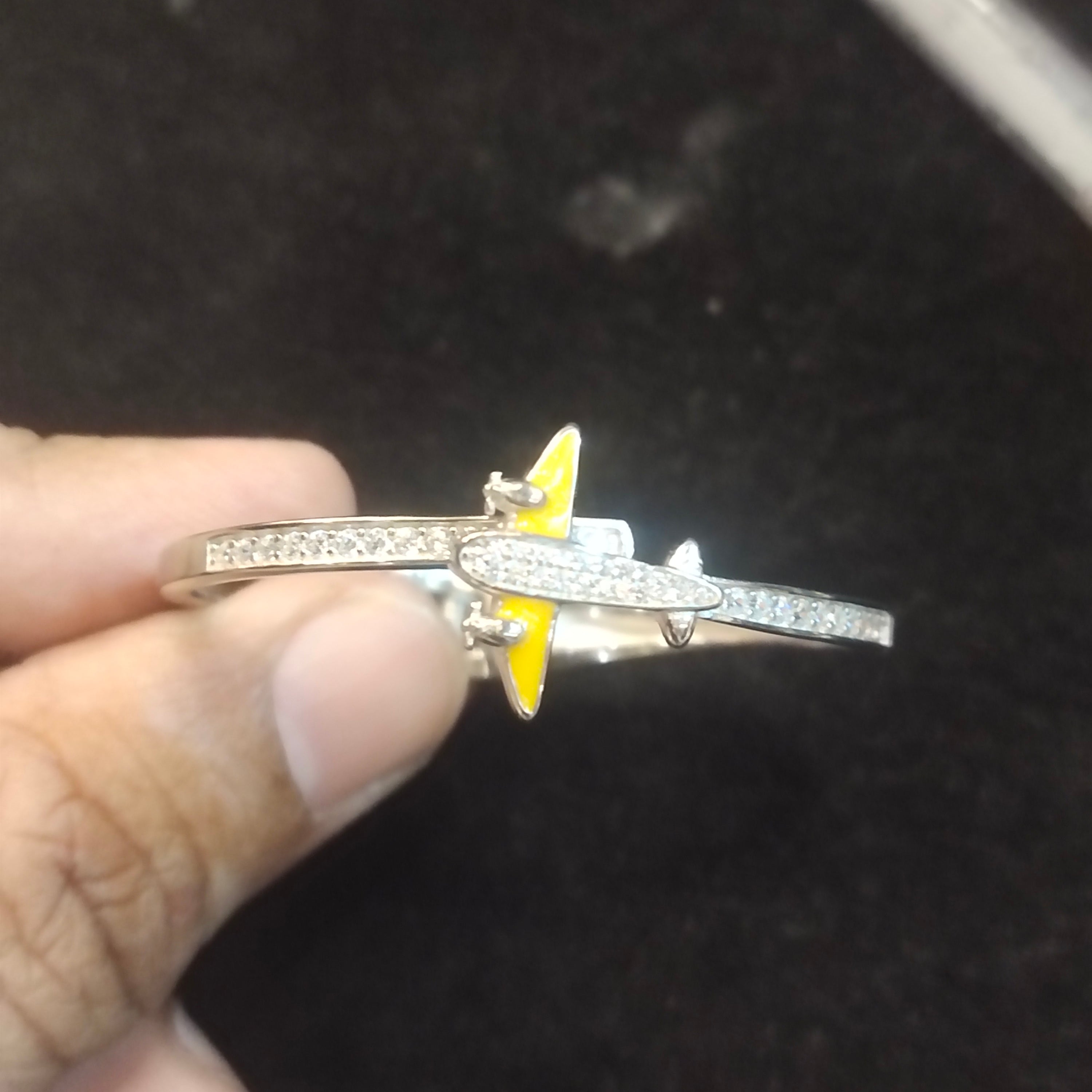 Kids 925 Silver Airplane Bangle Bracelet | Yellow Enamel & CZ Stones