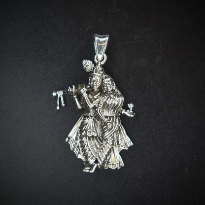 "Captivating Elegance: Antique Pure Silver Radha Krishna Pendant to Adorn Your Spiritual Style"