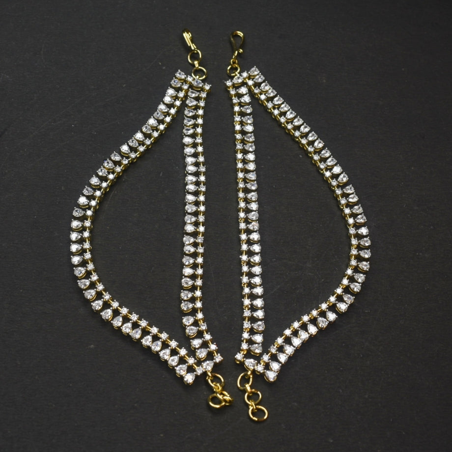 White CZ Rhodium-Gold Plated Champaswaralu - 14cm Ear Chains