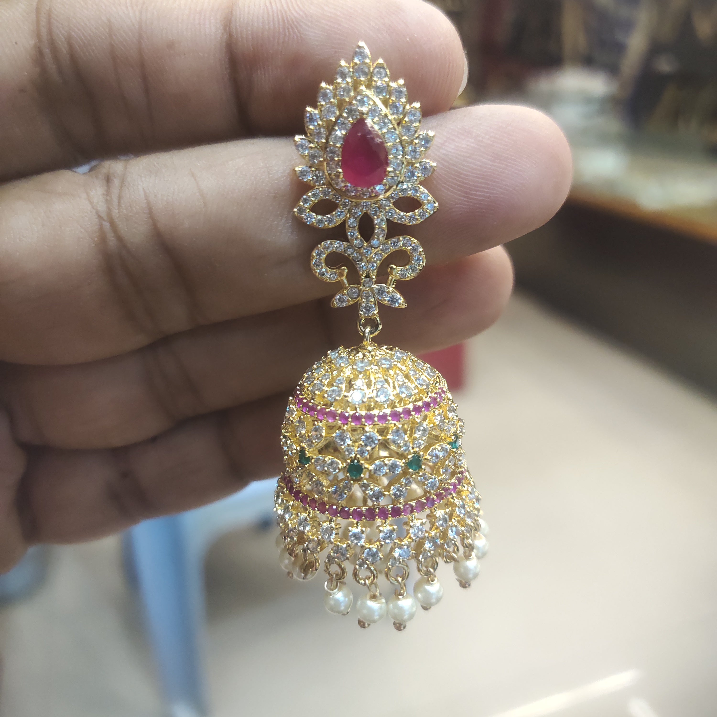 CZ Gold Plated Jhumka Earrings with Green and Pink Stones