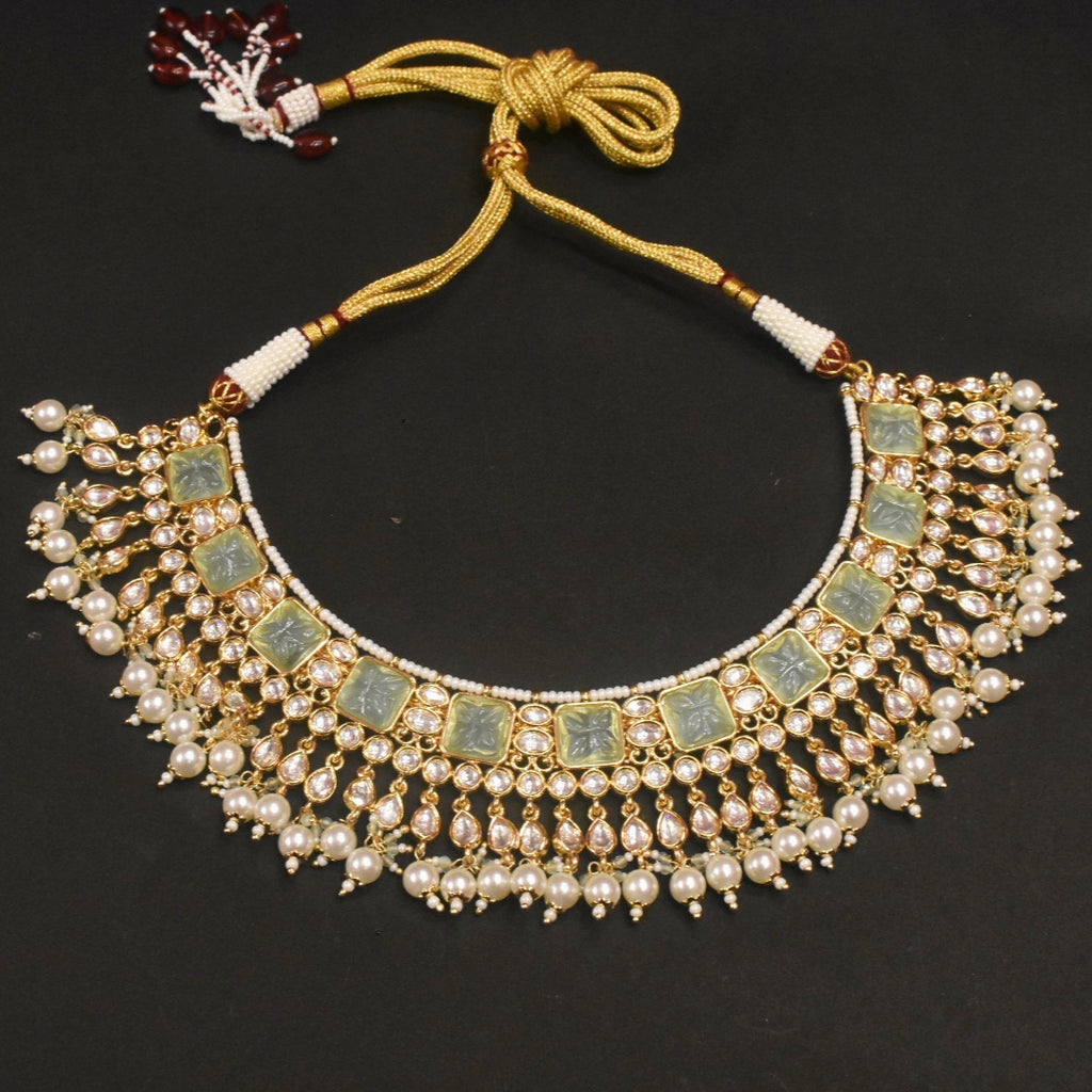 24K Gold Plated Kundan Necklace Set with Emerald Beads & Pearls for Women - Bridal Wedding Jewelry