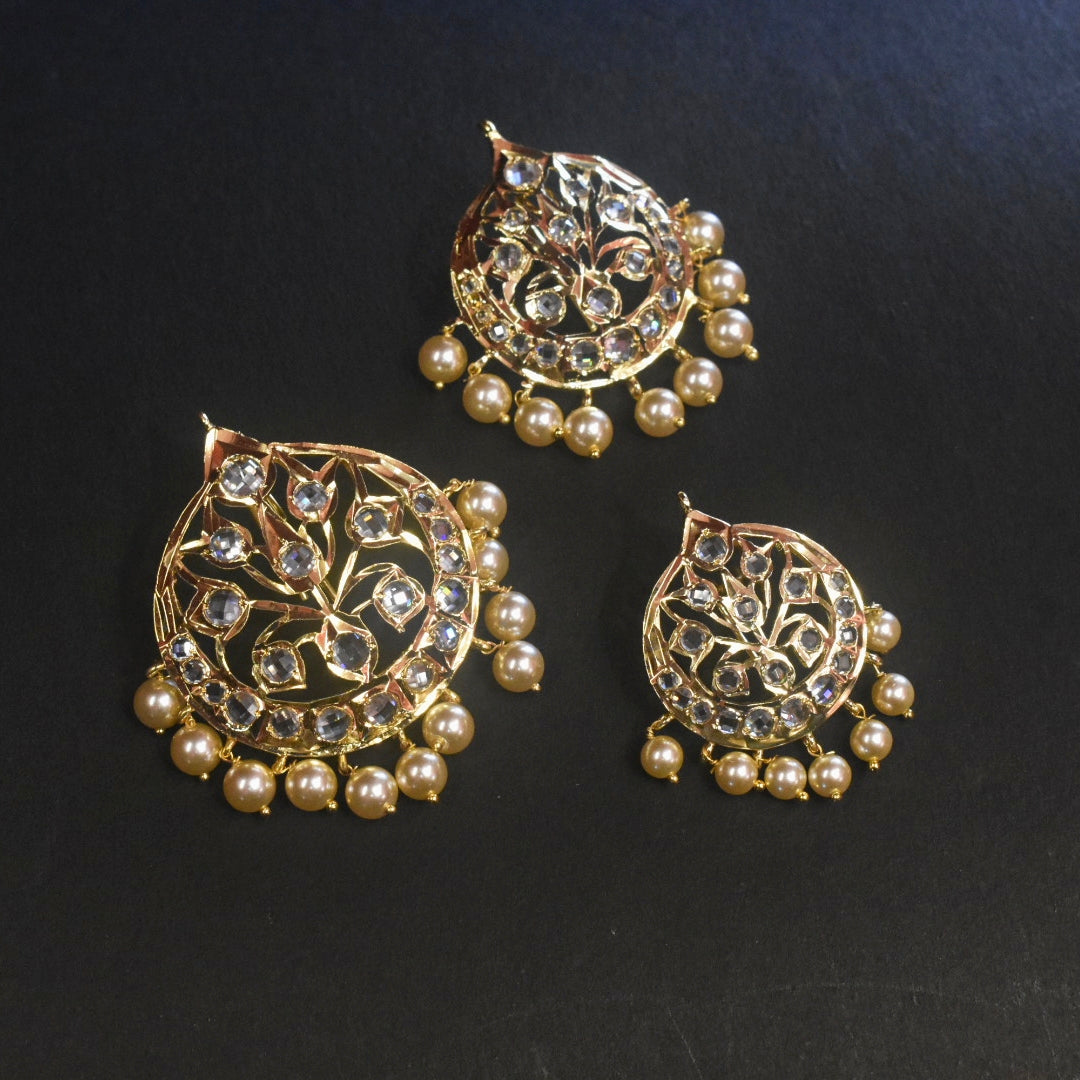 Traditional Polki Jada Billau Set - 24K Gold Plated 3 Piece Bridal Hair Jewelry