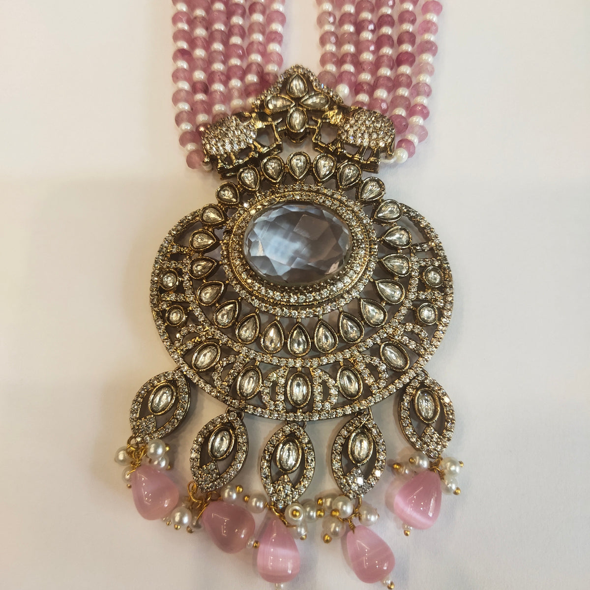 Victorian Pink Zircon Beaded Necklace Set - 24 Inch Long CZ Bridal Jewelry