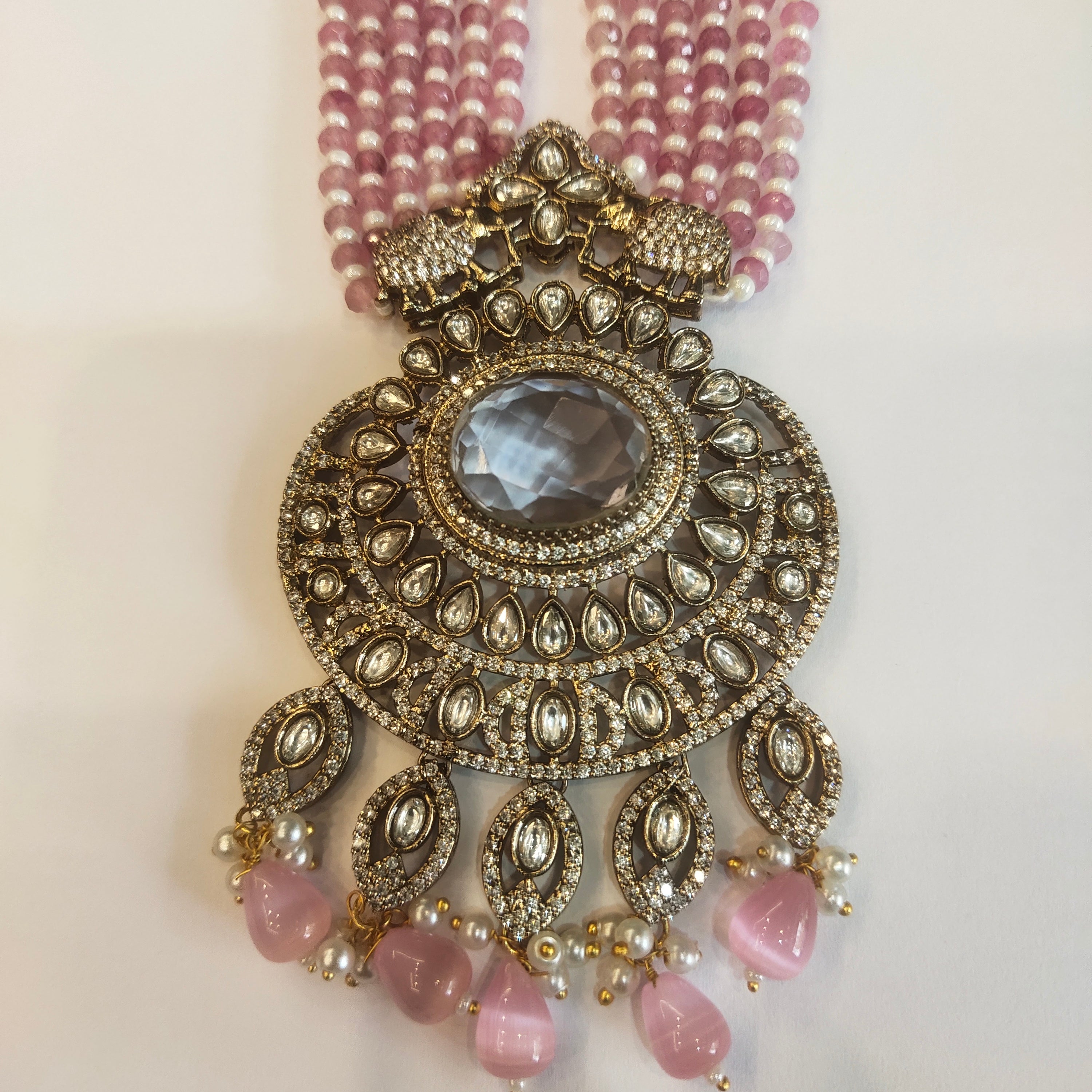 Victorian Pink Zircon Beaded Necklace Set - 24 Inch Long CZ Bridal Jewelry