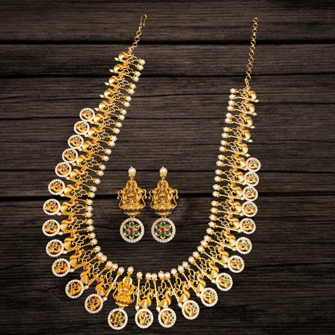 Laxmi Bottu Necklace Set - 24K Gold CZ Temple Jewelry with Peacock Motifs