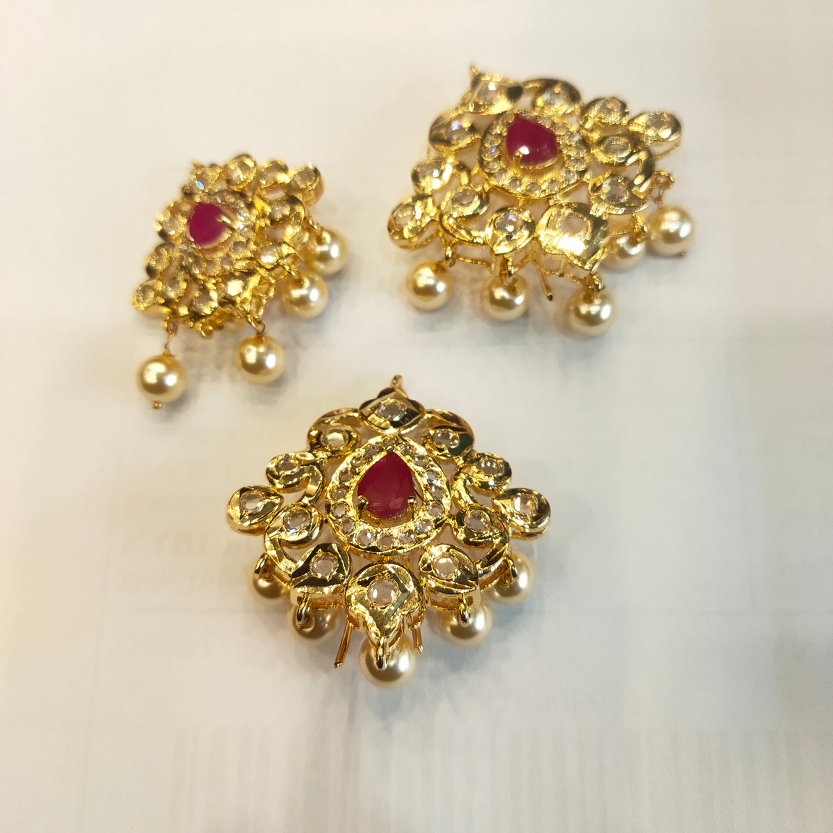24K Gold Plated Polki Jada Billalu Set - 3 Piece South Indian Bridal Hair Jewelry 432720587451