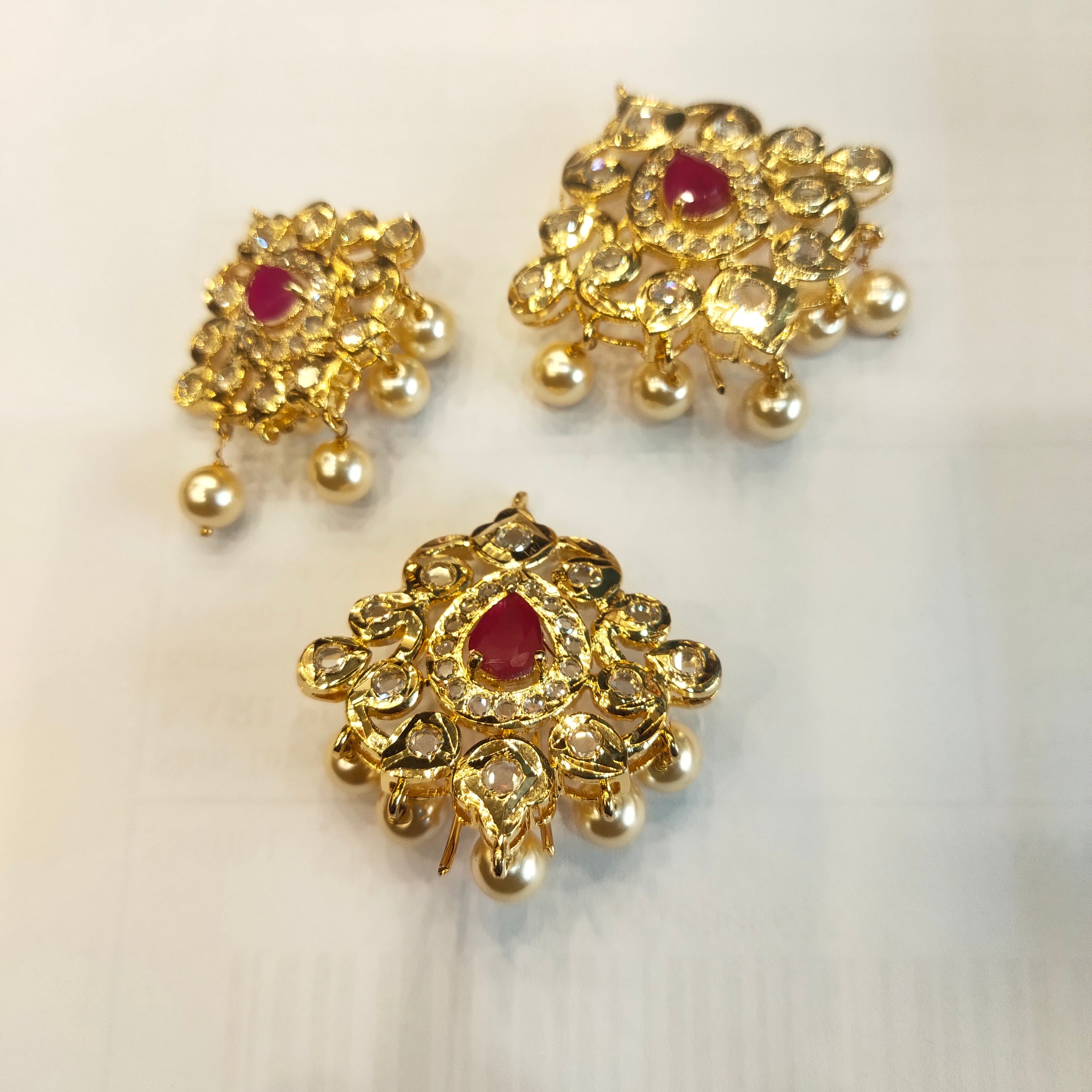 24K Gold Plated Polki Jada Billalu Set - 3 Piece South Indian Bridal Hair Jewelry