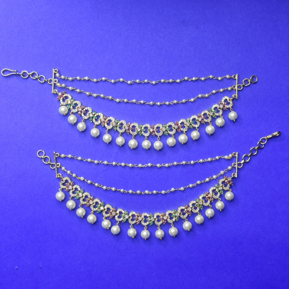 CZ American Diamond Champaswaralu - Gold Plated Ear Chains