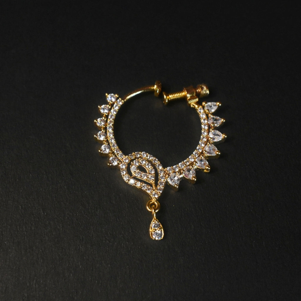 24K Gold Plated South Indian Nath | No Piercing Nose Ring with Zircon Stones
