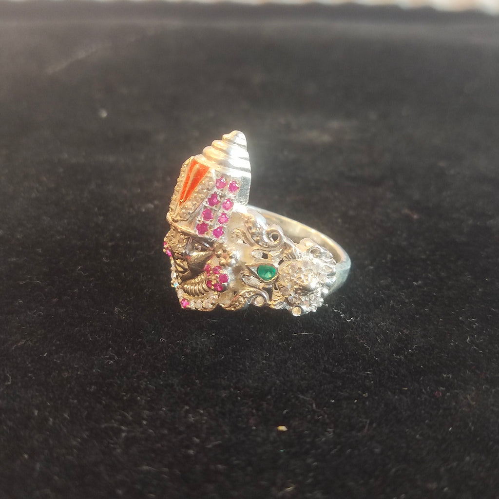 Lord Venkateswara Balaji Silver Ring - Temple Jewelry with Ruby & Emerald Stones