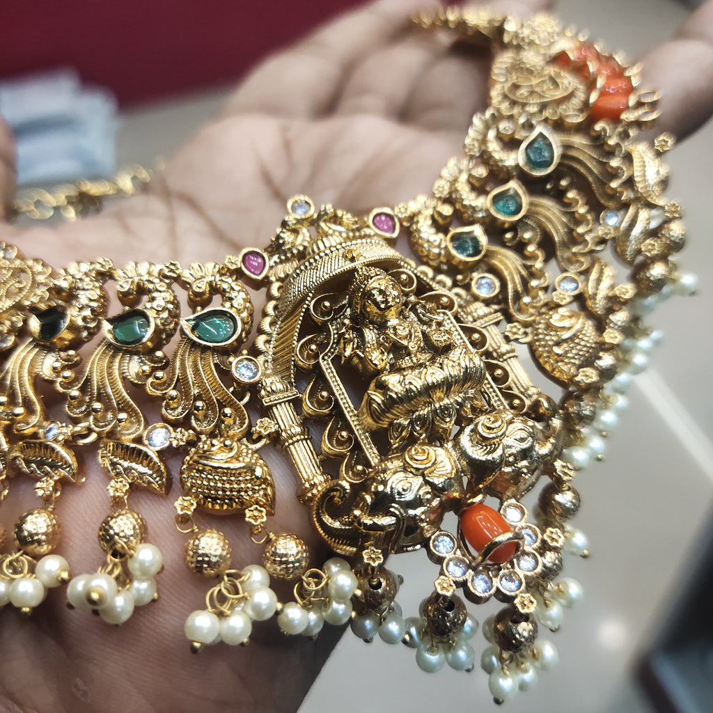 Antique Coral Laxmi Bridal Necklace Set - Traditional Indian Wedding Jewelry