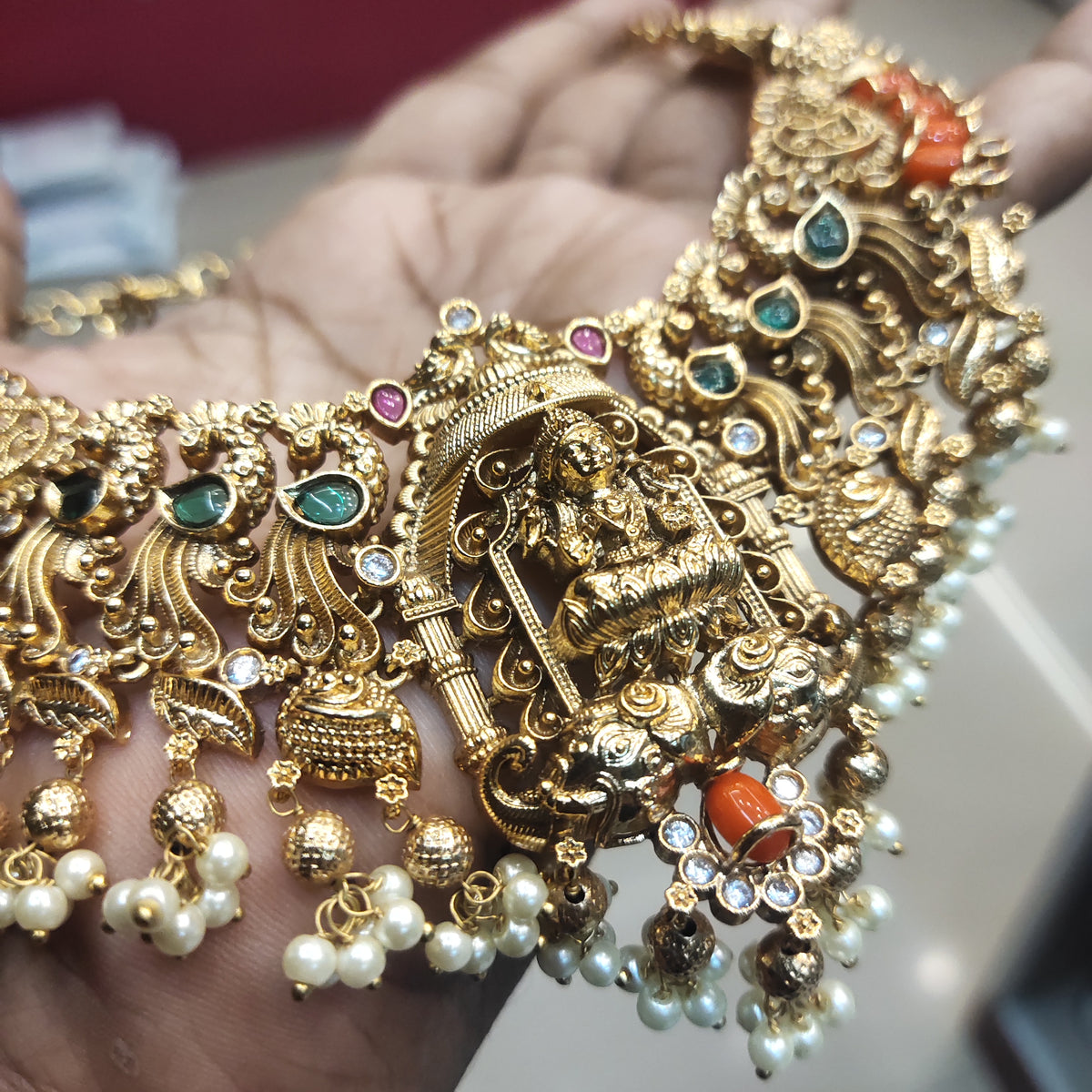Antique Coral Laxmi Bridal Necklace Set - Traditional Indian Wedding Jewelry
