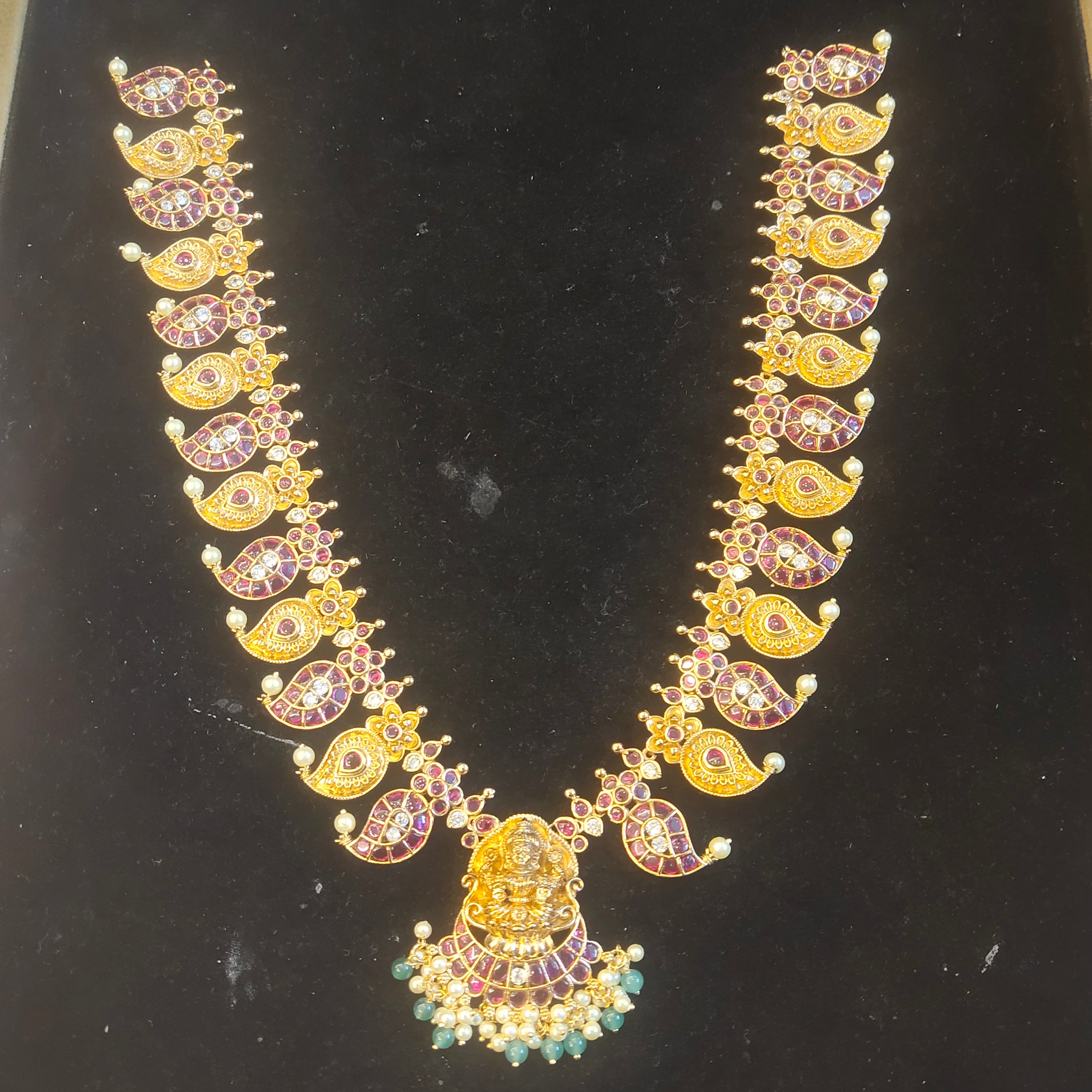 Ruby Temple Mango Haram | Long Lakshmi Necklace with Ruby Stones & Pearls 85232797886
