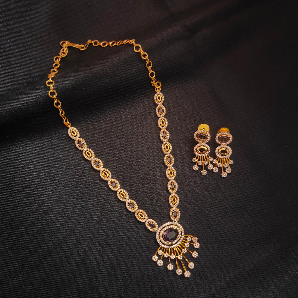24K Gold Plated Purple CZ Designer Necklace Set with Earrings - Luxury Zircon Jewelry