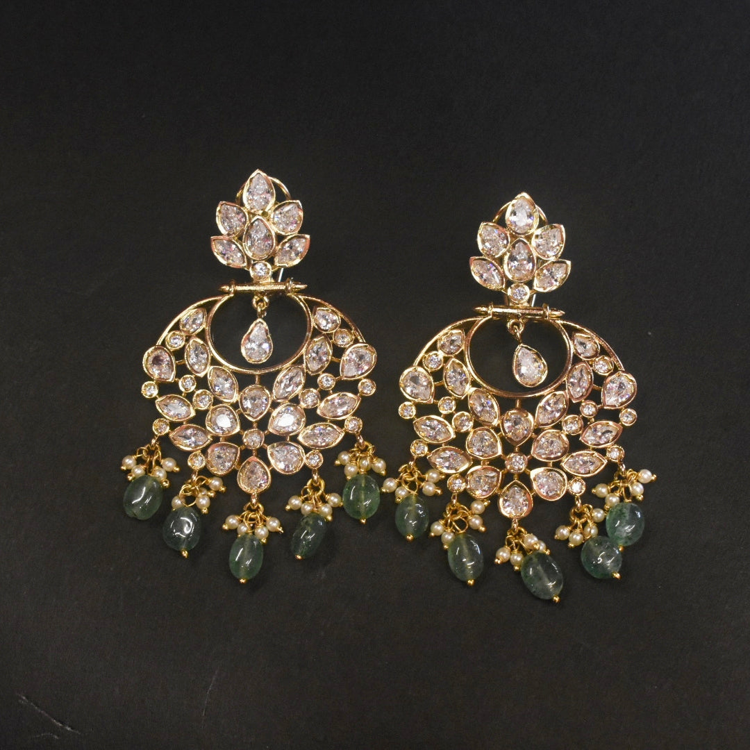 Green Beaded 24K Gold Plated Screw Back Zircon Chandbali