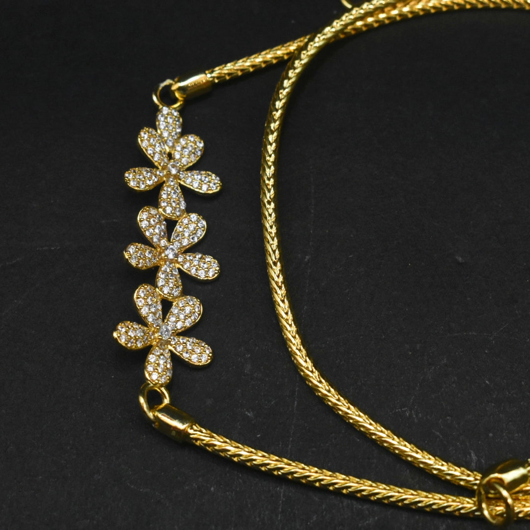 925 Sterling Silver 24K Gold Plated Thali Bottu Mangalsutra Chain with White Zircon Flower Side Brooch - 24 Inches