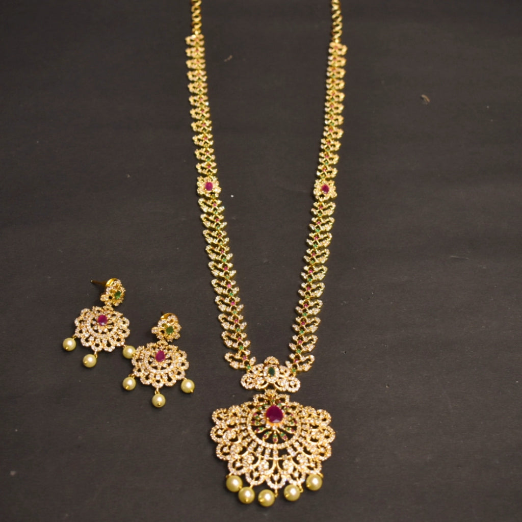 CZ Gold Plated Long Necklace Set - Timeless Elegant Bridal Jewelry