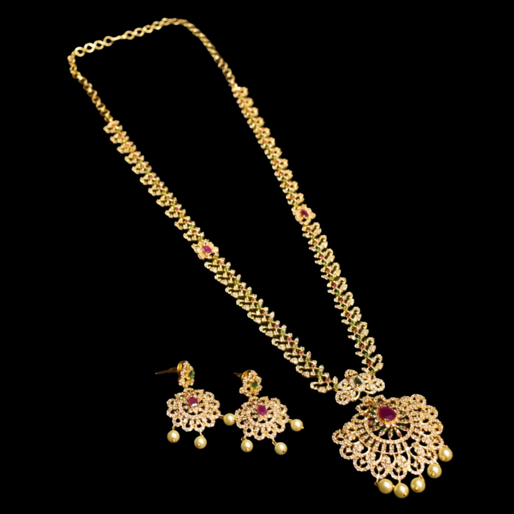 CZ Gold Plated Long Necklace Set - Timeless Elegant Bridal Jewelry