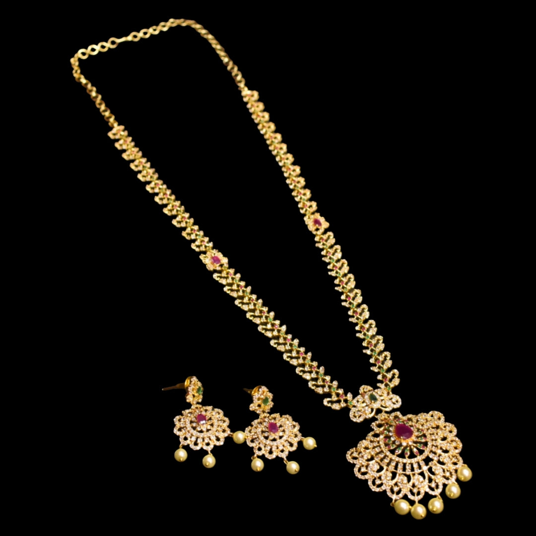 CZ Gold Plated Long Necklace Set - Timeless Elegant Bridal Jewelry