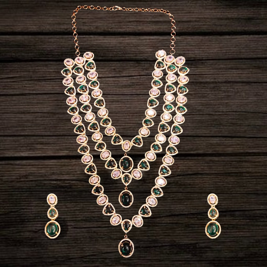 Green Rose Gold American Diamond Layered Necklace - 24 Inch Wedding Jewelry