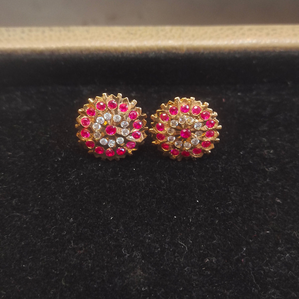 Panchaloha Kammalu Studs with Ruby Border - Oval Floral Design
