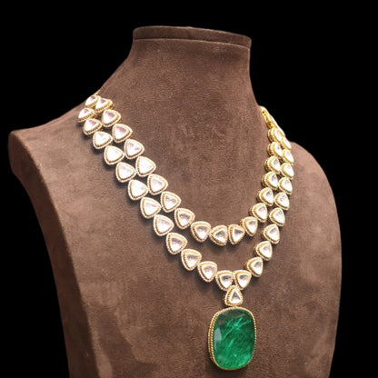 "Dazzle in Double Layers: The Exquisite Asp Fashion Emerald & Kundan Necklace Set"