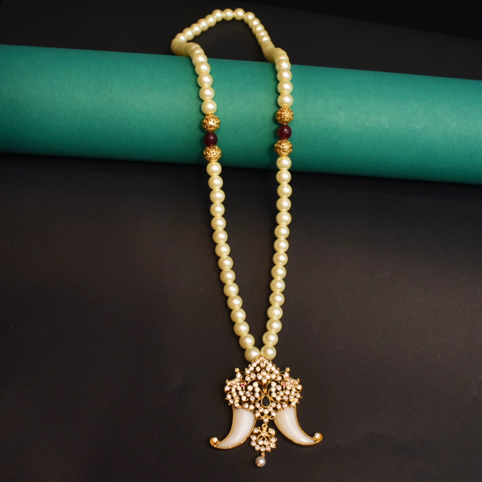 Antique CZ Puligoru Locket with Pearl Chain - Traditional Men's Jewelry