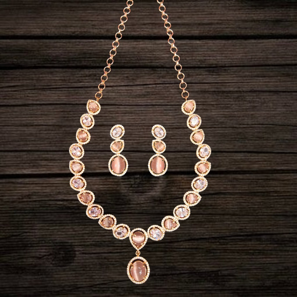 Pink American Diamond Necklace Set - Rose Gold Designer Jewelry for Weddings