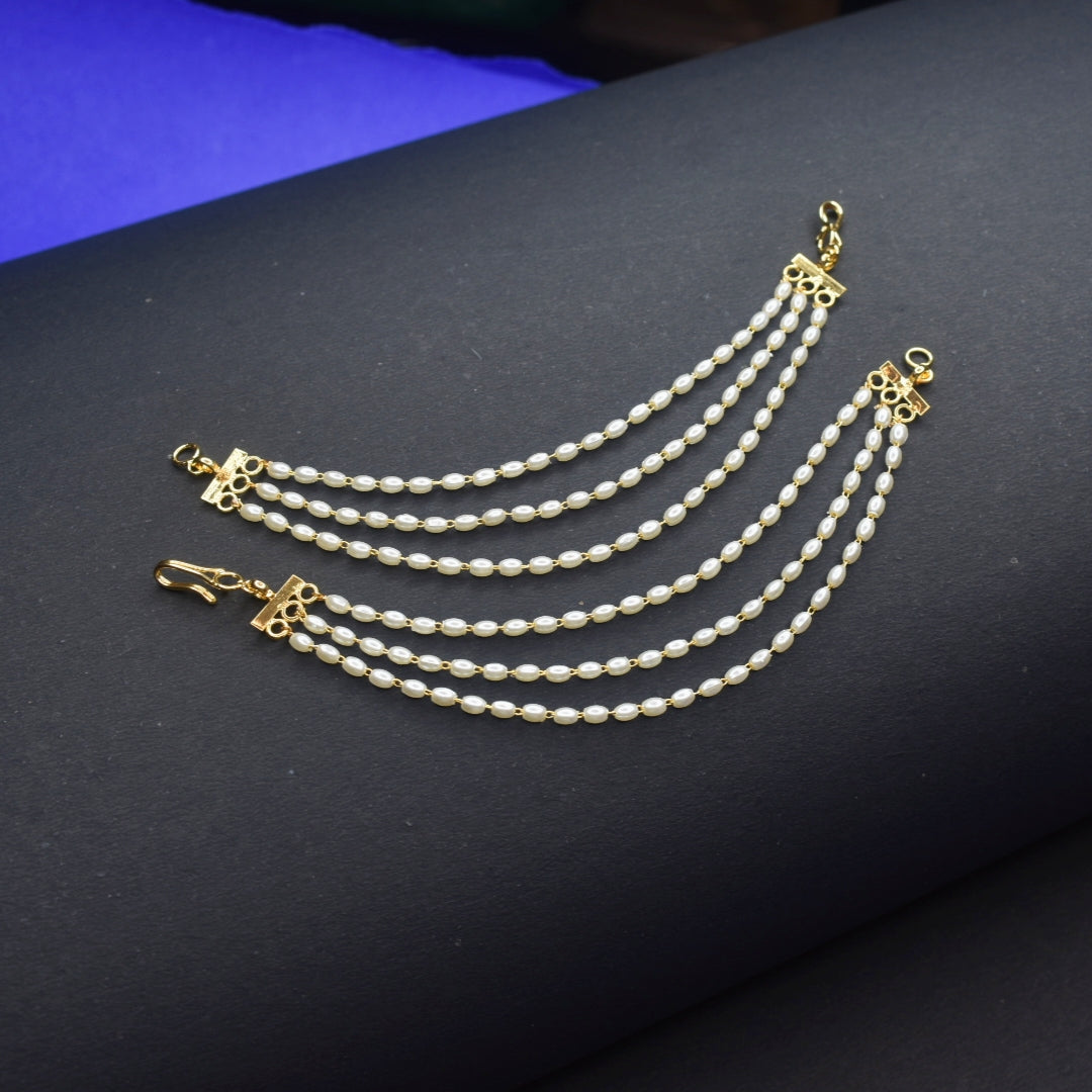 24K Gold Plated Rice Pearl Ear Chain Set - 3 & 5 Line Variants