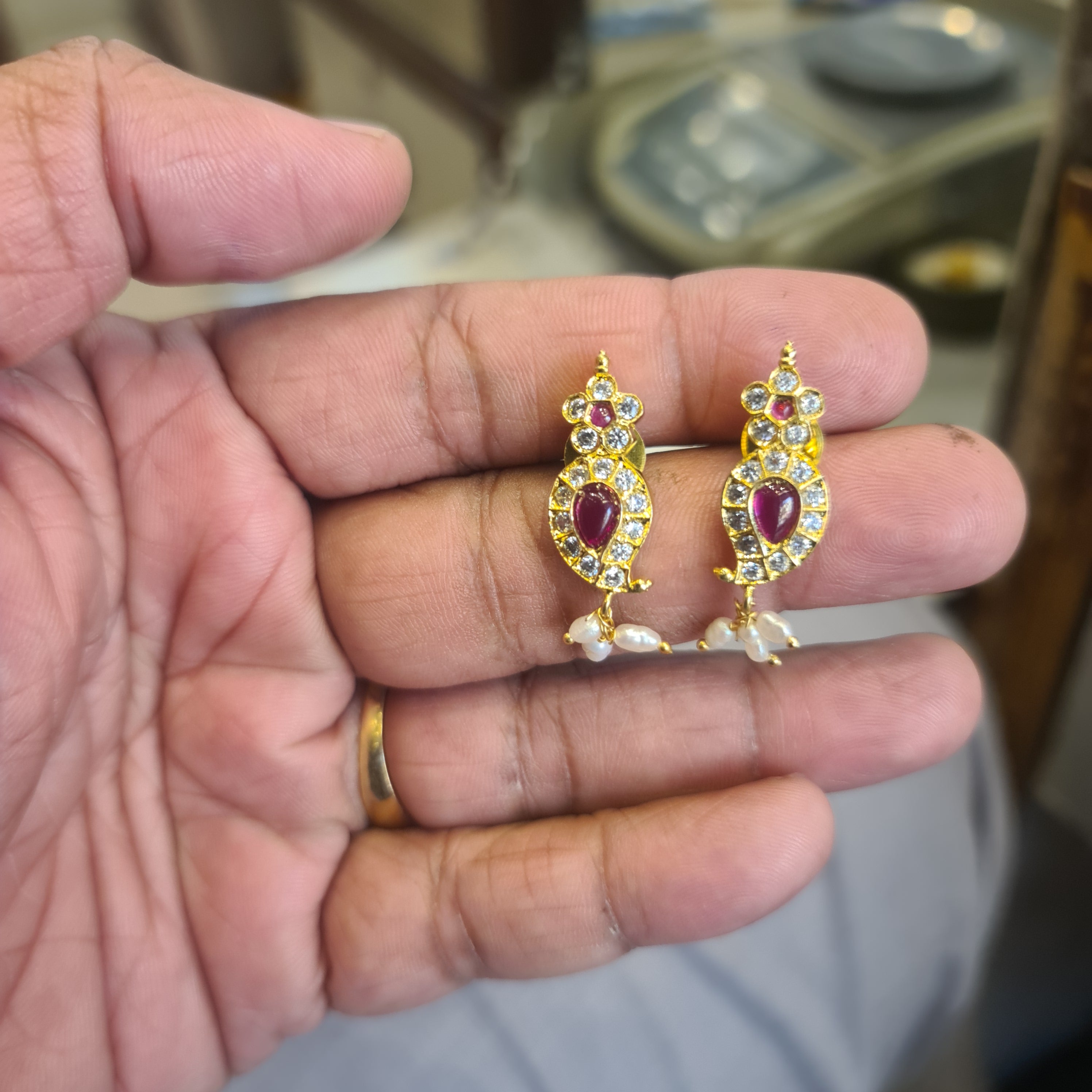 Polki CZ Teardrop Mango Studs | Ruby & Emerald | Flower Top, Pearl Drops | Push Back