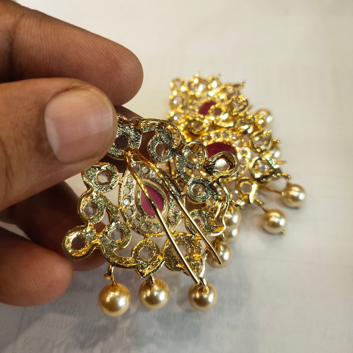 24K Gold Plated Polki Jada Billalu Set - 3 Piece South Indian Bridal Hair Jewelry 432720587451