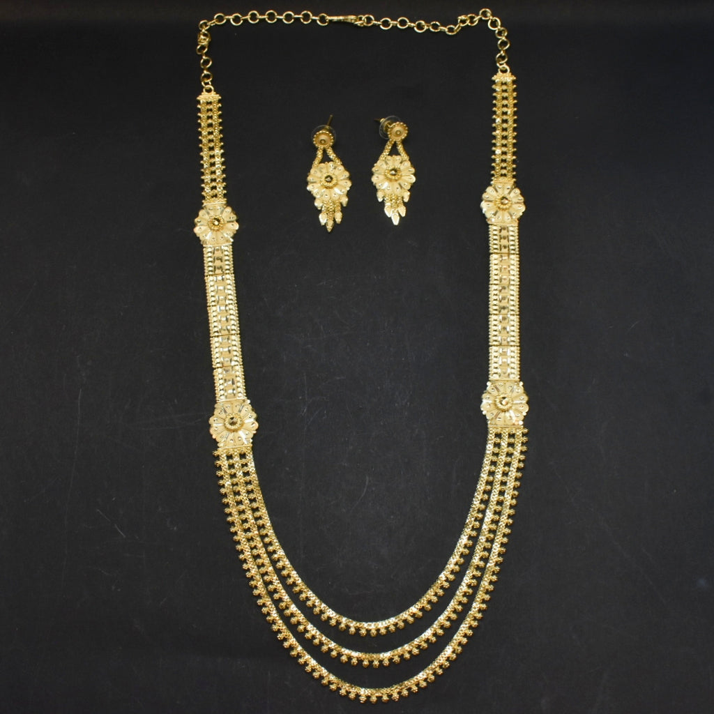 Three-Strand Gold Plated Long Necklace with Floral Motifs and Earrings Set