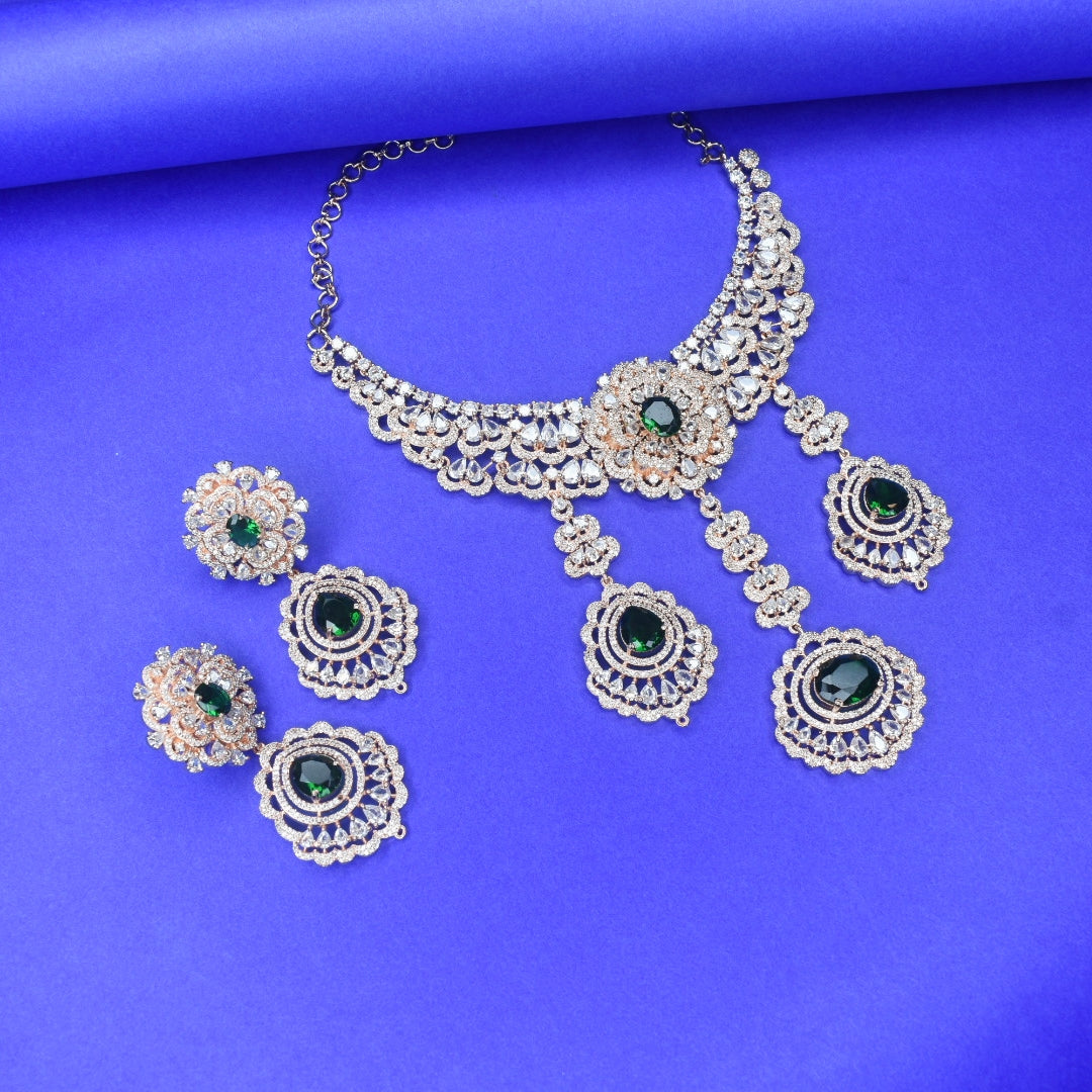 Regal Rose Gold American Diamond Necklace Set with Pearls - Bridal Choker