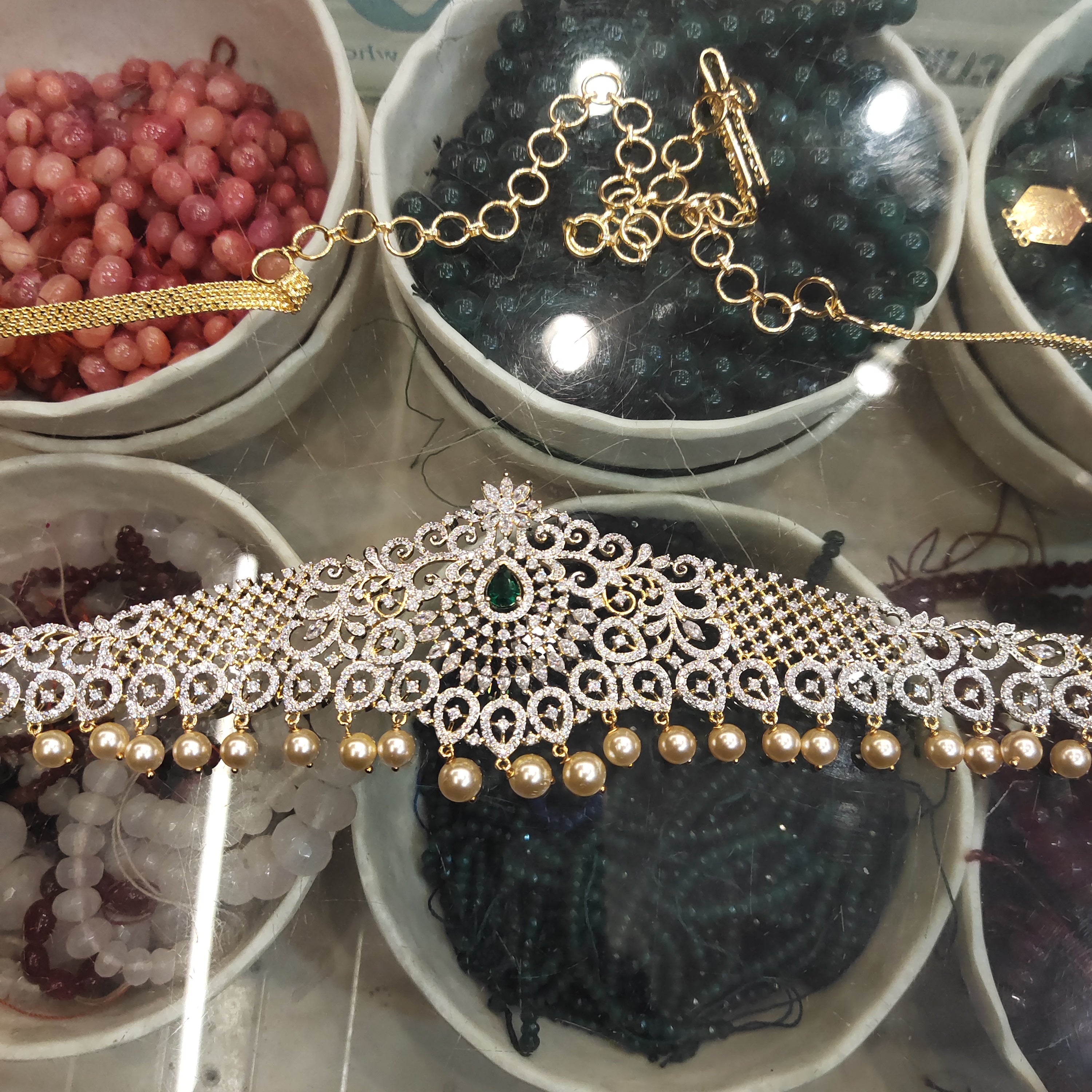 Green Zircon Rhodium-Gold Double Tone Plated Vaddanam Waist Chain