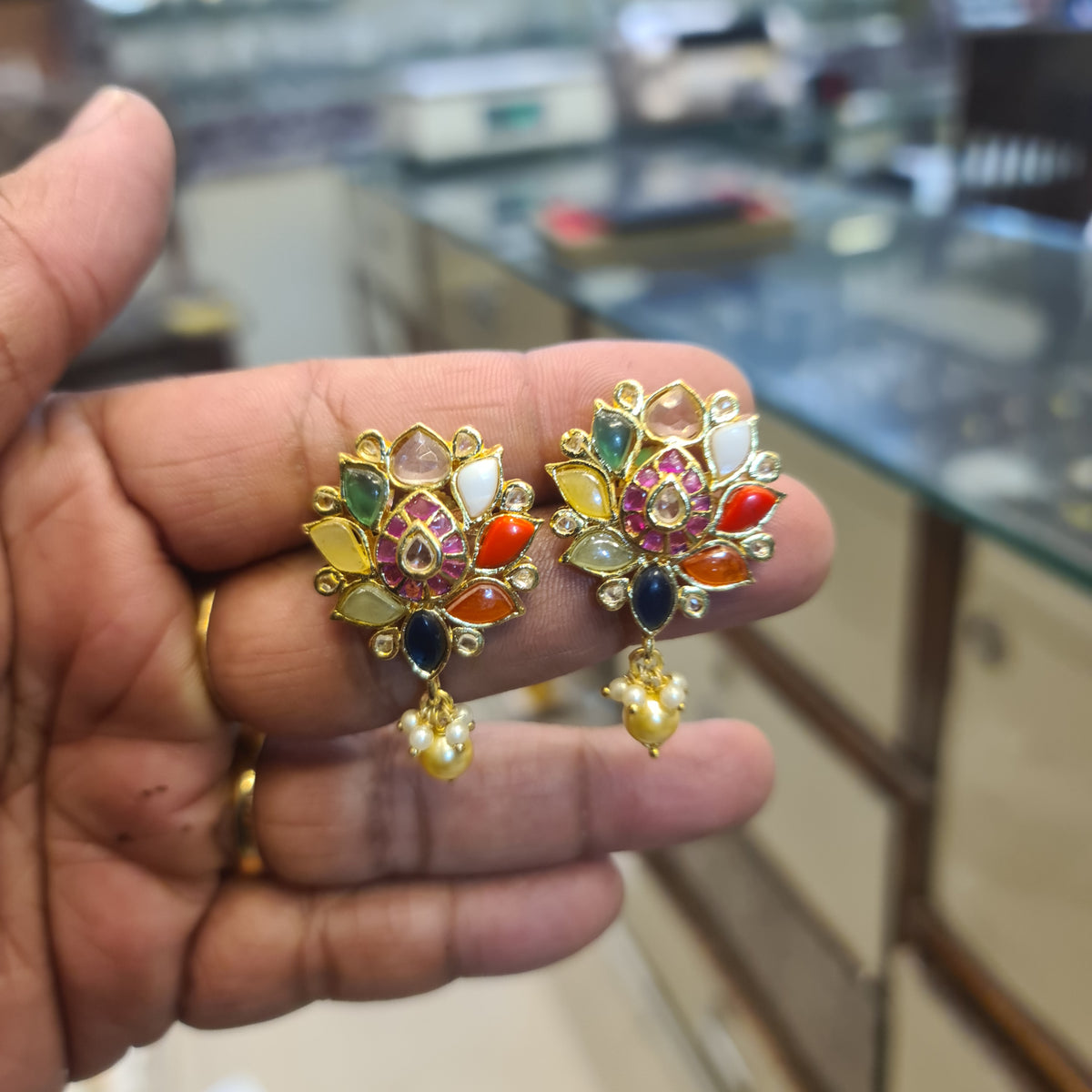 Navratna Lotus Earrings with Pearl Drops | Screw Back | Gold Plated