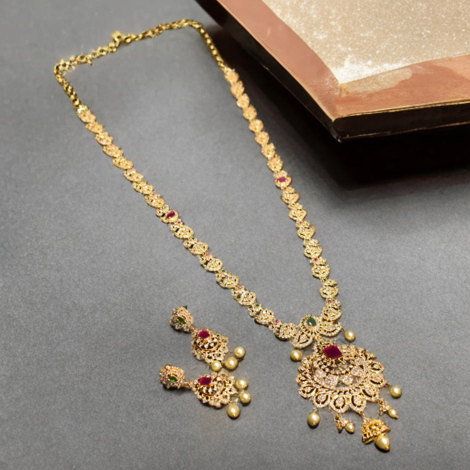 Asp Cz Gold Plated Long Necklace Set