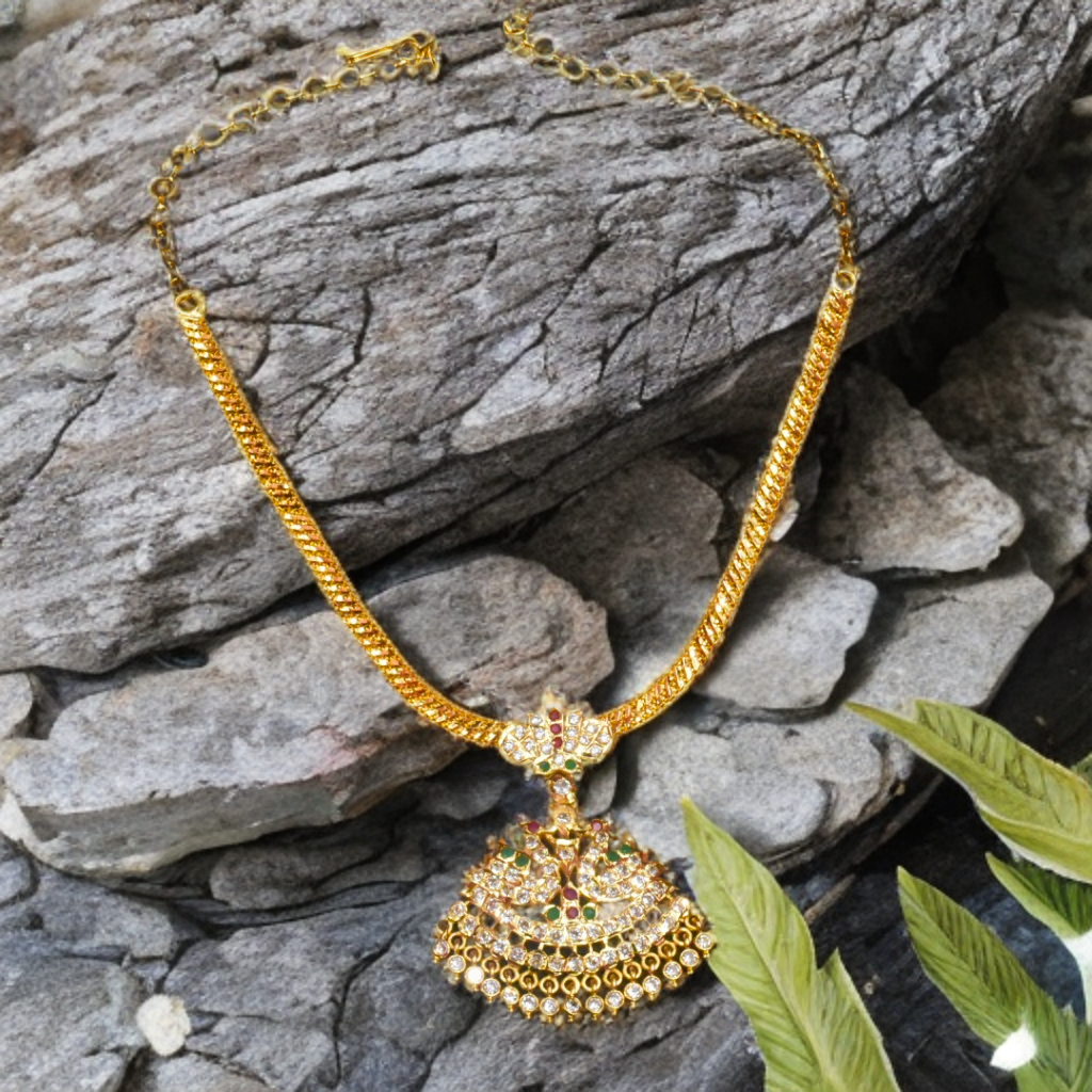 Traditional South Indian 24K Gold Plated Zircon Naan Pathakam Necklace