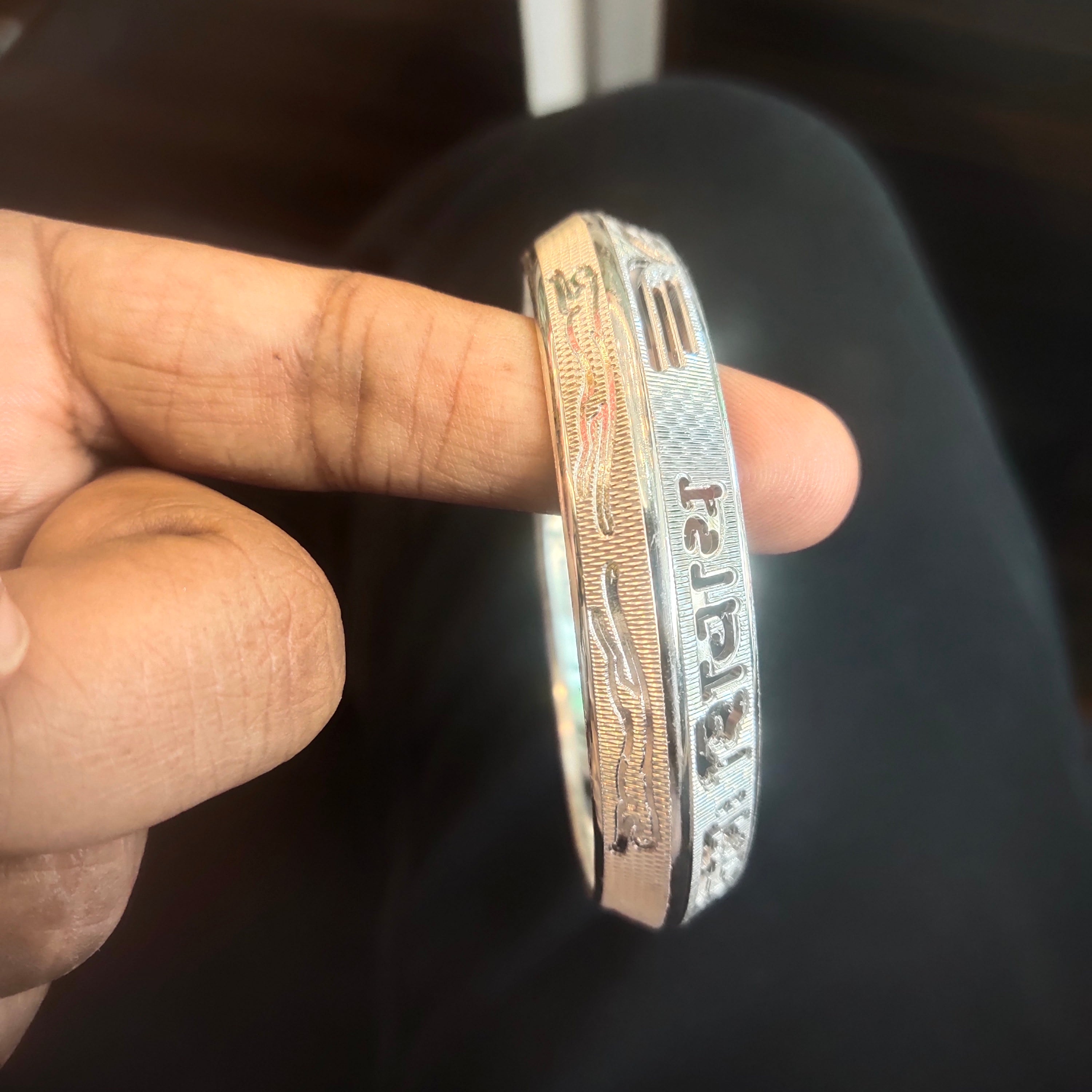 Men's Silver Kada - Om Namah Shivaya with Jaguar Design