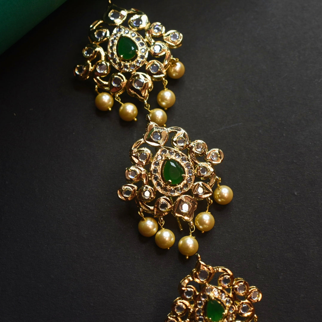 24K Gold Plated Polki Jada Billalu Set - 3 Piece South Indian Bridal Hair Jewelry