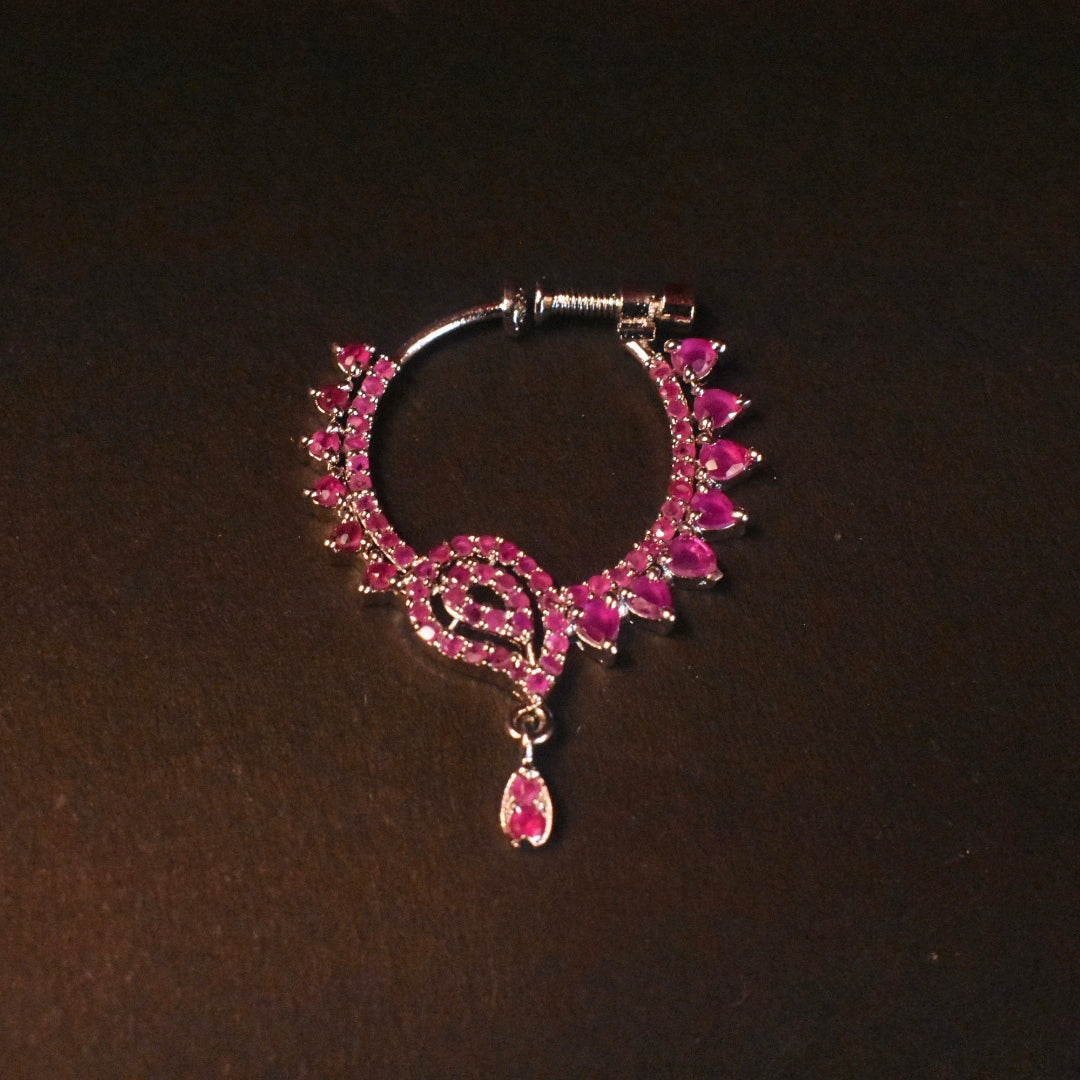 White Rhodium Plated South Indian Nath | No Piercing Nose Ring with Zircon Stones