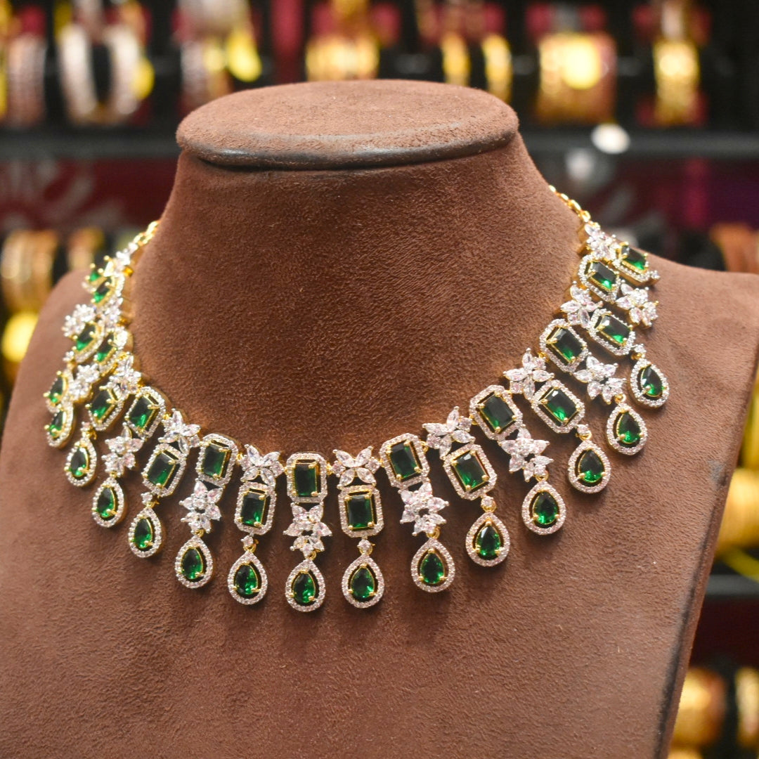 Elegant Green Zircon Gold-Rhodium Plated Necklace Set