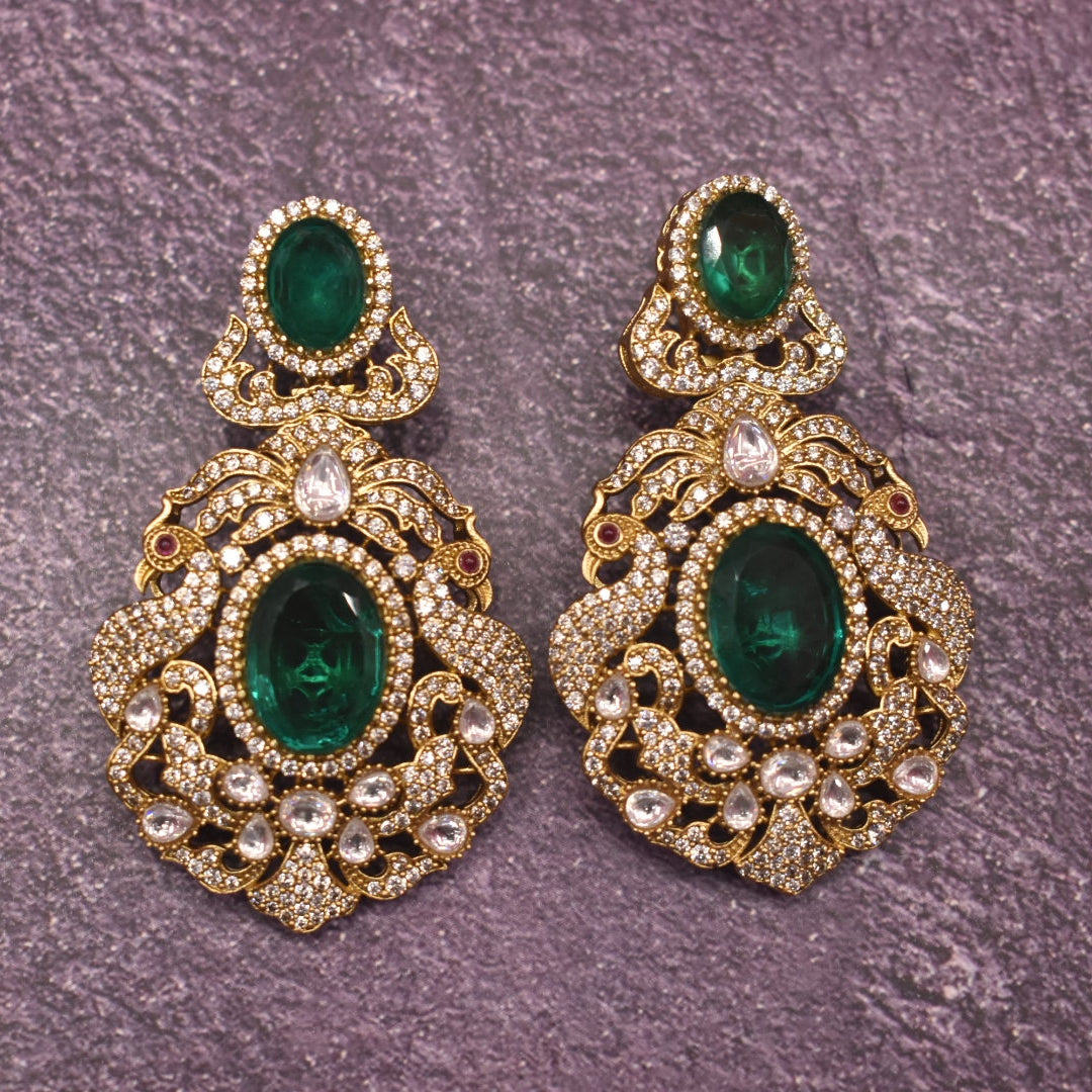Moissanite Kundan Necklace Set - 24K Gold Emerald Maang Teeka Wedding Jewelry