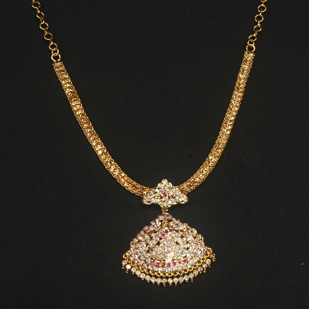 24K Gold Plated Zircon Goddess Laxmi Naan Pathkam Necklace - Traditional Indian Jewellery