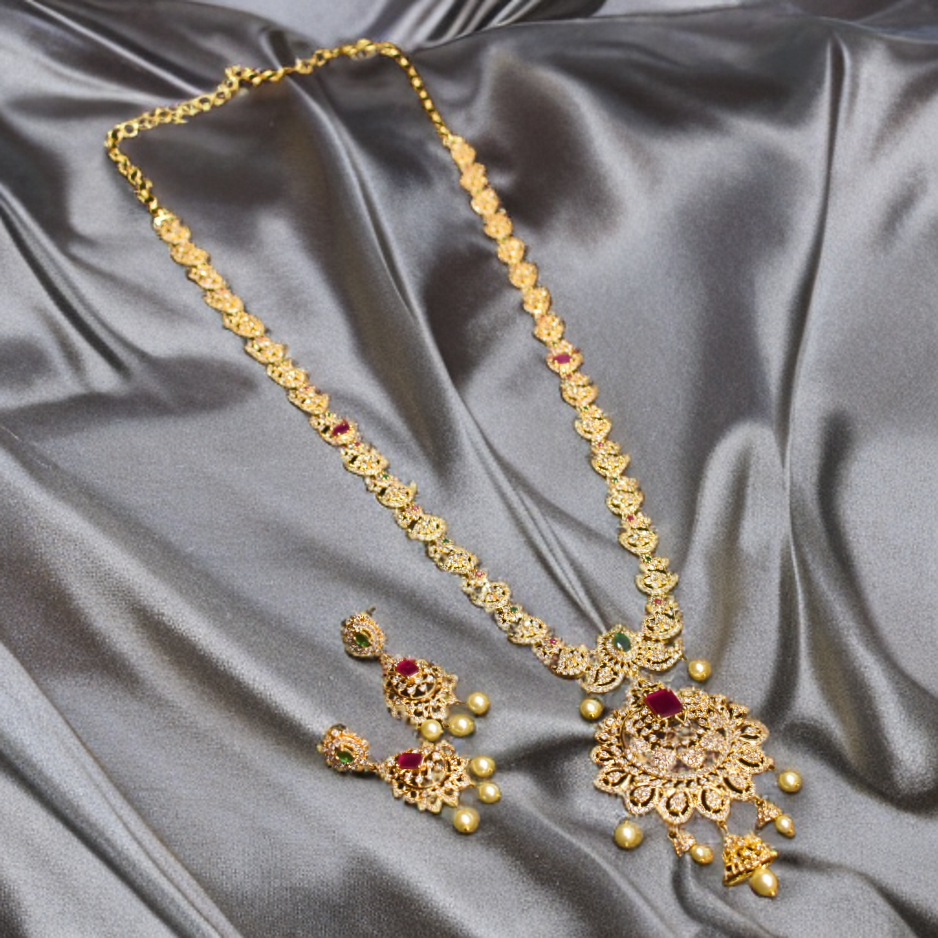 CZ Gold Plated Long Necklace Set - Sophisticated Bridal Jewelry Collection