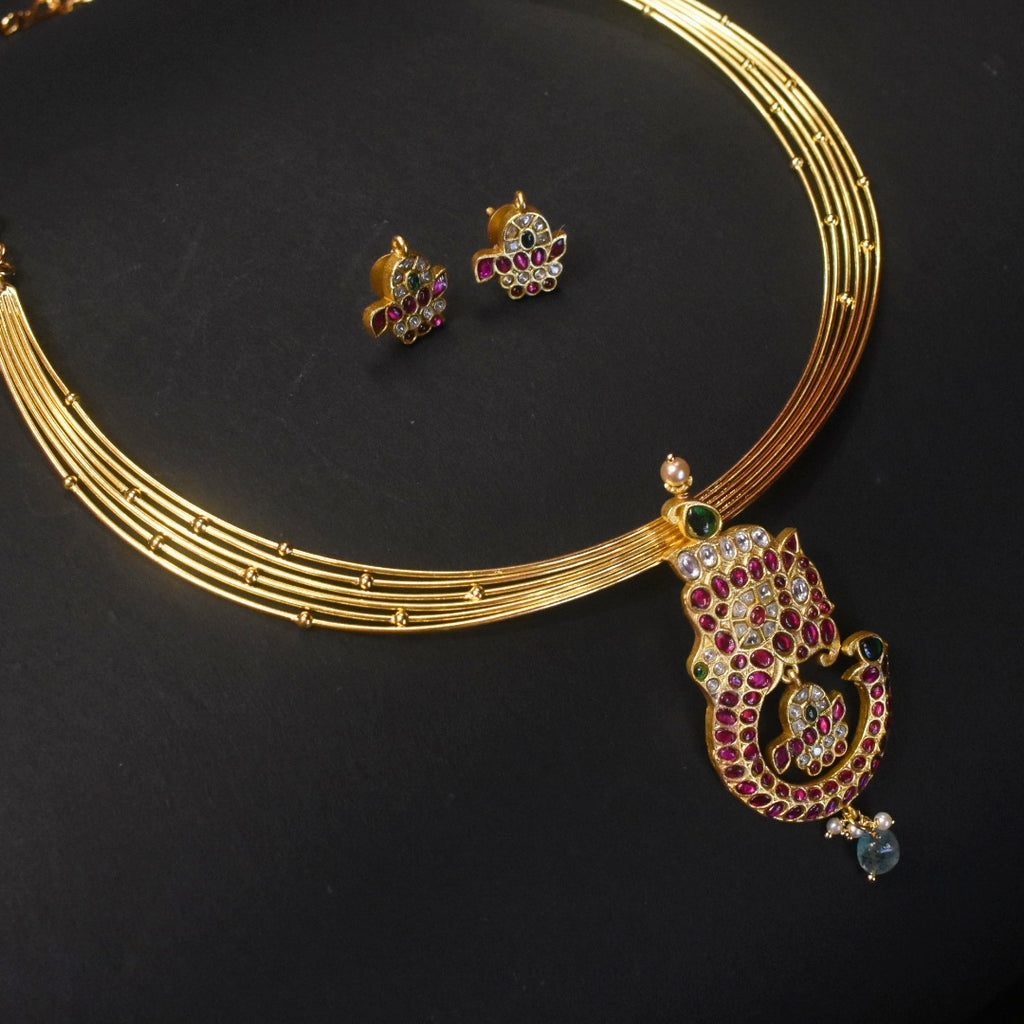 Jadau Kundan Kanti Necklace Set with Ganesh Pendant & Screw Back Earrings