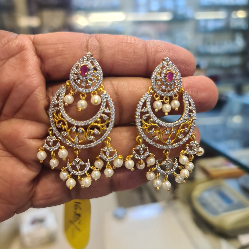 Chandbali Diamond Finished Earrings | Ruby Stone & Pearl Drops | Gold Silver Finish