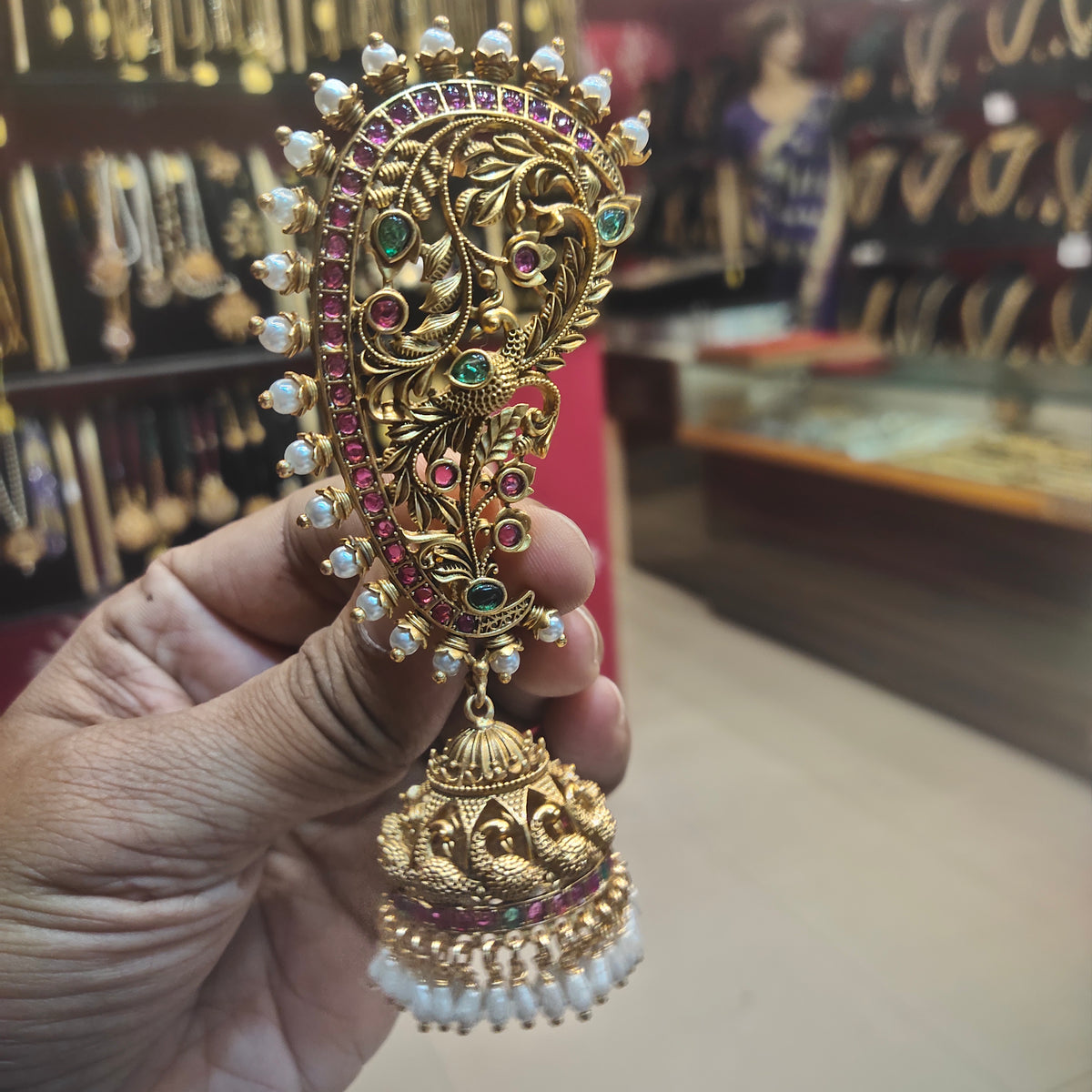 Antique Finish Peacock Ear Cuff Earrings with Jhumka
